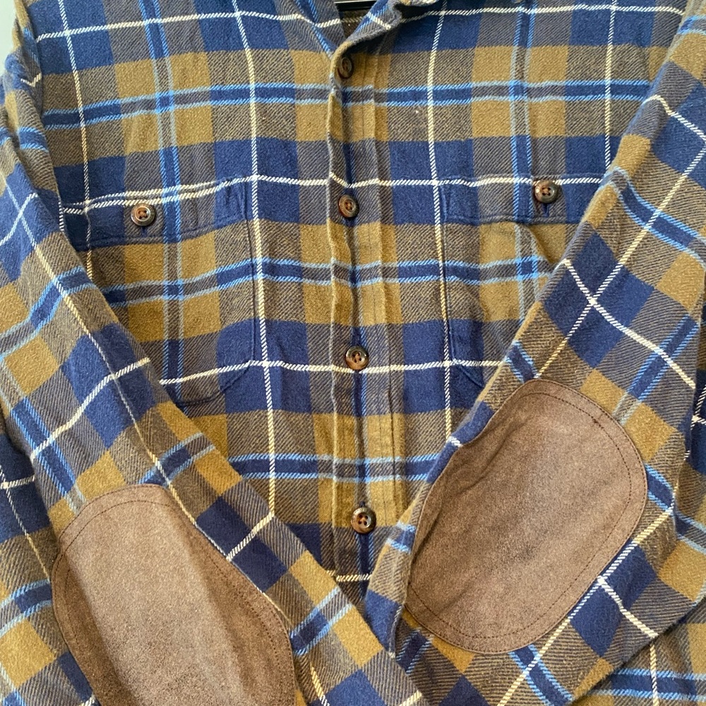 Pendleton Men's Casual Blue and Tan Flannel Plaid Shirt with elbow pads